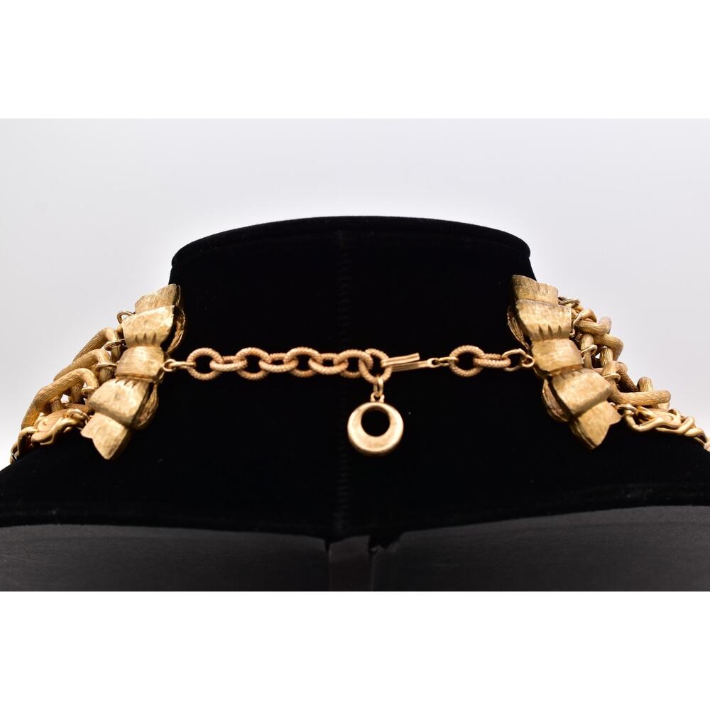 Vintage 1980s Gold Multi Strand Chain Necklace Bow Bib Statement Collar 80s BinT - Picture 3 of 12